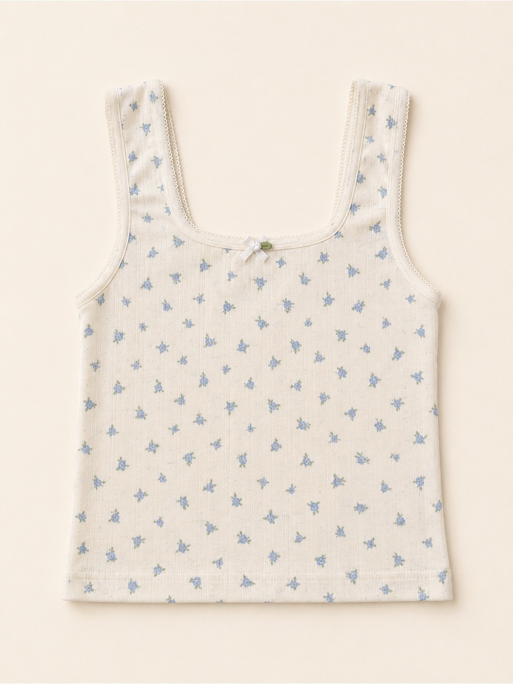 Pink Rose Cream Ribbed Tank with Blue Floral Sprigs
